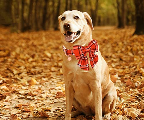 Image of DOGWONG Fall Dog Collar with Sailor Bow tie, Orange Plaid Dog Collar Soft Durable Adjustable Cotton Dog Collar for Small Medium Large Dog