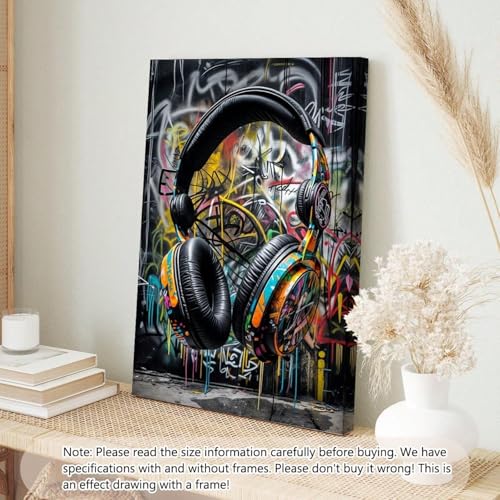 JACBON Tableau de musique rétro, peinture pop art moderne, graffiti, affiche murale abstraite avec casque de DJ urbain, 40 x 60 cm (16 x 24 pouces), sans cadre – vue 3