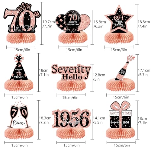 Image of 9Pcs 70th Birthday Decorations Honeycomb Centerpieces for Women, Rose Gold Pink Happy 70th Birthday Centerpieces Tables Toppers Party Decorations Supplies, Vintage 1956 Aged Table Sign Decor