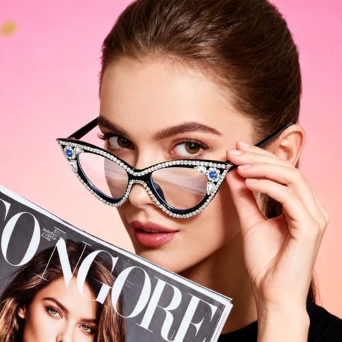 Image of ICARA Sparkling Crystal Retro Cat Eye Frame Bling Rhinestone Reading Glasses for Women Blue Light Blocking Computer Eyeglass