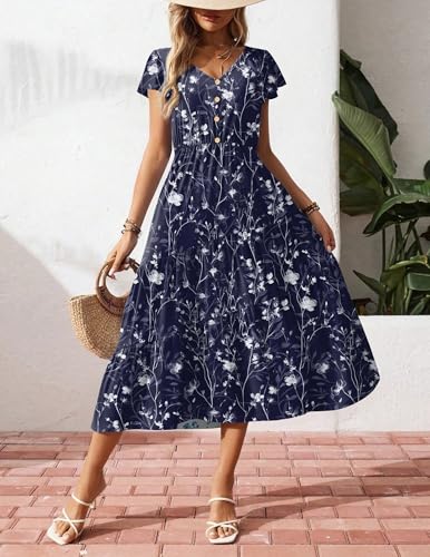 Image of Zeagoo Women's Summer Casual Dress Flutter Short Sleeve V Neck Button Down Tiered Flowy Long Dress with Pockets