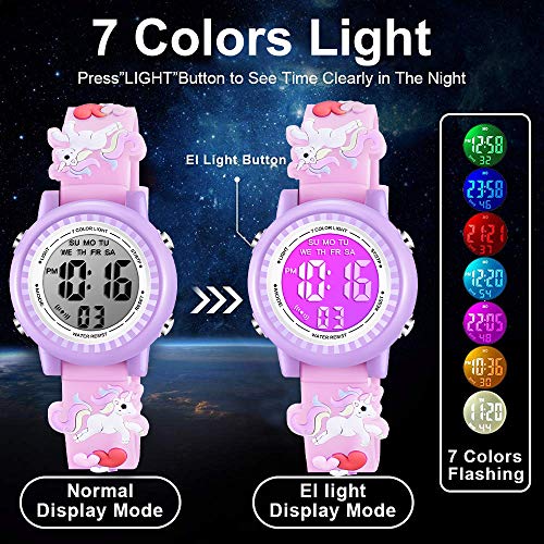 Image of Kids Watches 3D Cartoon Waterproof 7 Color Lights Toddler Wrist Digital Watch with Alarm Stopwatch Birthday Gift for 3-10 Year Boys Girls Little Child