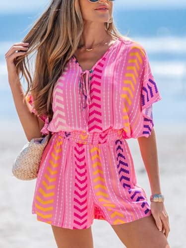 Image of CUPSHE Womens Summer Romper Short Sleeve Plunge V Front Tie Wide Leg Jumpsuit Elastic Waist Beach Workout Romper Outfits