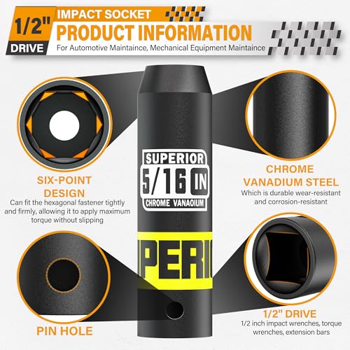 Image of 1 /2 inch Drive Impact Socket, 5 /16 inch Deep Socket, SAE, 6 Point, CR-V, for Car Repair, Loosen the Fastening Nut