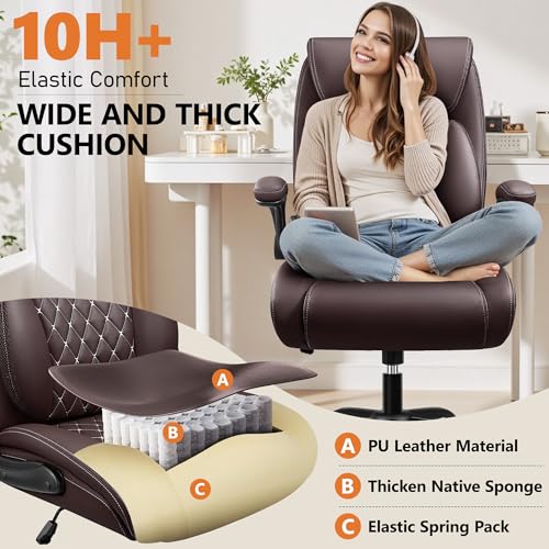 Image of Office Desk Chair, Ergonomic Lumbar Support for Lower Back Pain | Executive Leather Home Chair Comfy with Padded Flip-up Armrests, Coffee, 2-Pack