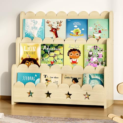 Image of EXPERLAM Scalloped Bookshelf for Kids, 3-Tier Front Facing Book Display Shelf, Solid Wood Montessori Bookcase Organizer for Bedroom, Nursery, Playroom & Classroom