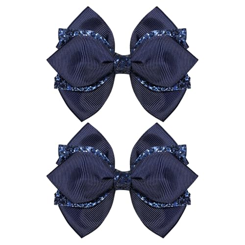 Glitter Navy Blue Ribbon Hair Bows for Girls Women 2pcs 4in Sparkly Sequin Cheer Bow Alligator Clips for Teens School Uniform Dance Wedding Dress Accessory Birthday Gift