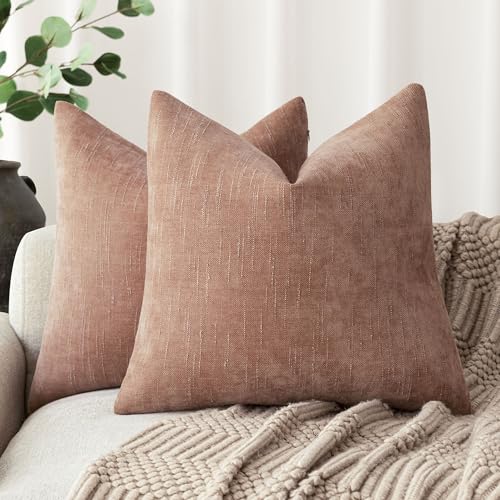 Image of Foindtower Pack of 2 Textured Chenille Throw Decorative Pillow Covers Square Accent Solid Cushion Cover Neutral Farmhouse Pillow Case for Couch Sofa Bedroom Living Room 16x16 Inch,Dusty Pink