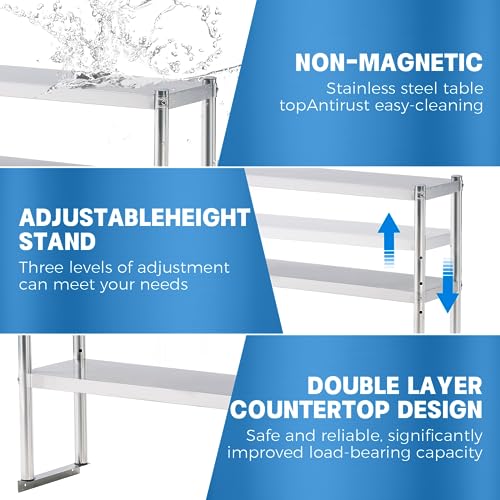 Image of KUARBARR Stainless Steel Shelf 2 Tier Stainless Overshelf for Kitchen Prep Work Table 12 x 48 Inches Adjustable Commercial Steel Table OverShelf for Kitchen, Restaurant, Bar, Utility Room, Garage