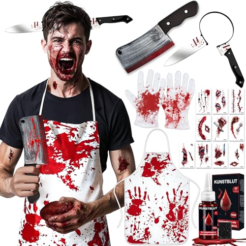 Disfarce de Halloween homem mulher adulto - disfarces açougueiro Halloween costume medo com 10 ml sangue falso, faca Halloween, faixa de cabeça faca, 10 tatuagens e luvas para festa carnaval