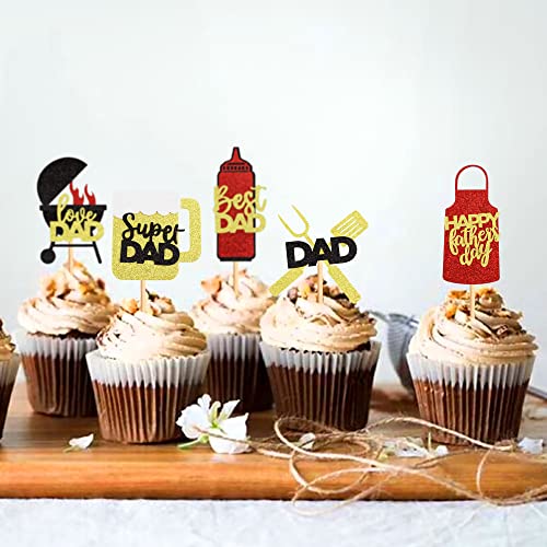 35 Pcs Father's Day Cupcake Topper Bbq Theme Happy Father's Day Red Gold Glitter Cupcake Topper Birthday Party Cake Decorations Toppers Picks For Father's Birthday Party Birthday Celebrating Party Supply(Bbq) #TOP5