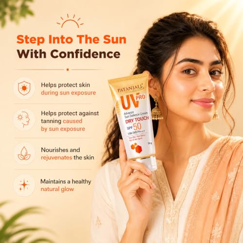 Image of Patanjali UV Pro Advance Sun Defence Cream SPF 50 PA+++50g, Dry Touch, Non-Oily, Non-Sticky Sunscreen for All Skin Types, Ayurvedic Sunblock, Broad Spectrum UVA /UVB Protection Pack of 1