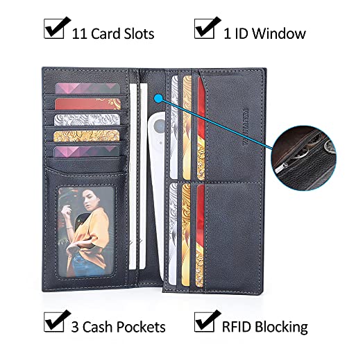 VANNANBA Mens Bifold Long Wallet RFID Blocking Checkbook Wallets,Italian Leather Slim Card Holder for Men with Gift Box(Dark Blue)2