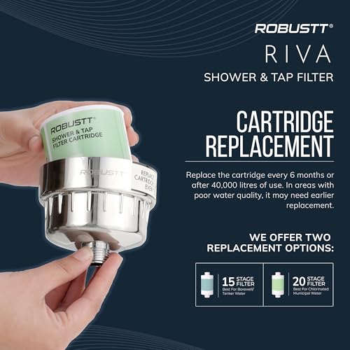 Image of Robustt Riva 15 Stage Shower /Tap Filter & Water Softener for Home (Silver) | Reduces Hair Fall, Skin Dryness & Limescale| Hard Water Filter For Tap, Shower, Handshower| Includes Kit & Manual