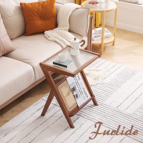 Furlide Rattan Side Table, Vintage End Table, Boho Nightstand Side Table, Glass Coffee Table, Bedroom Coffee Table With Storage, Bamboo Accent Bedside Tables For Outdoor/Indoor (Walnut) #TOP5