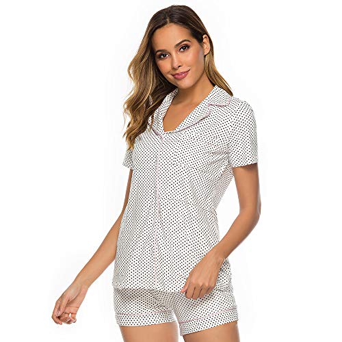 FerDIM Short Sleeve Sleepwear, Lightweight Loungewear Soft Cotton Button Down Night Outfit Pajamas Set PJ Shorts for Women White Polka Dots M