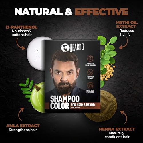 Image of BEARDO Beard & Hair Shampoo Color | Natural Brown | 100% Grey Coverage | 5 Minute Hair Colour | Ammonia Free | With Natural Actives | No Stain Beard Colour | 20ml X 5