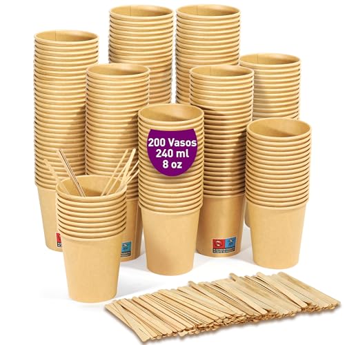 200 vasos desechables kraft de 240 ml / 8 oz, vasos de cartón kraft desechables con paletinas de madera para café americano, café con leche y refrescos. Para llevar