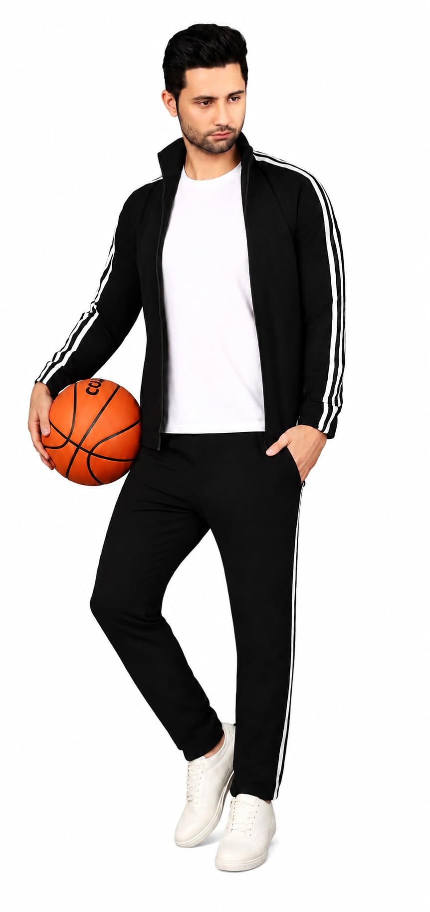 Men’s Black Track Suit with Three White Patti Stripes | Full Sleeve Zipper Jacket & Track Pant Set | Gym, Sports & Casual Wear-image-33