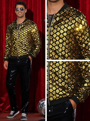 Image of Lars Amadeus Argyle Sequin Bomber Jacket for Men's Party Club Shiny Baseball Varsity Jacket