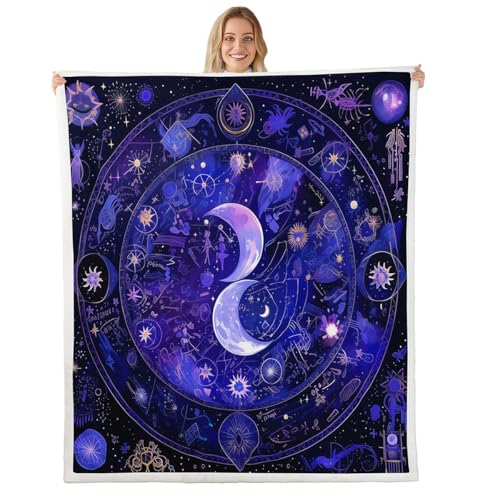 richhome Couverture 75x100cm Zodiac Jeté de Canapé Crescent Lune Plaid Couverture Polaire Starry Sky Imprimer Jete de Canape Microfibre en Flanelle Celestial...