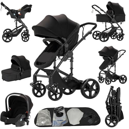 Prokoke Kinderwagen 3 in 1, Kinderwagen Set Einem Klick Faltbar, Kombikinderwagen 3 in 1 mit Umkehrbarem Zwei-Wege-Schub, Buggy Rahmen Aluminiumlegierung Baby Kleinkind Neugeborene (black 588)