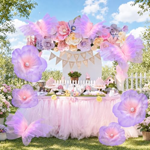 Image of Cinnvoice 8 Pcs Large Butterfly Flower Decorations 20 Inch 12 Inch 3D Giant Silk Butterfly Big Flower Mariposas Grandes para Decoracion for Wedding Backdrop Birthday Party(Gradient Pink Purple)