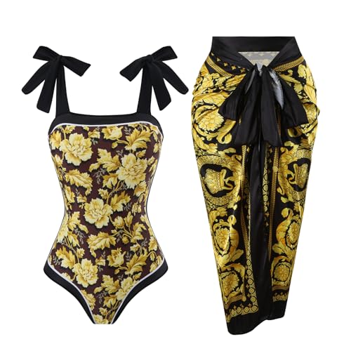 One Piece Bathing Suit for Women with Beach Cover up Wrap Skirt Swimsuit Sarong Retro Floral Print Bikini Set2