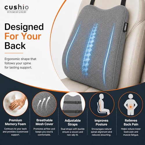 Image of CUSHIO Memory Foam Car Seat Cushion for Back Support, Ergonomic Lumbar Support for Car Seat & Office Chair, Car Back Support Cushion, Chair Cushion for Pain Relief & Posture (Grey)