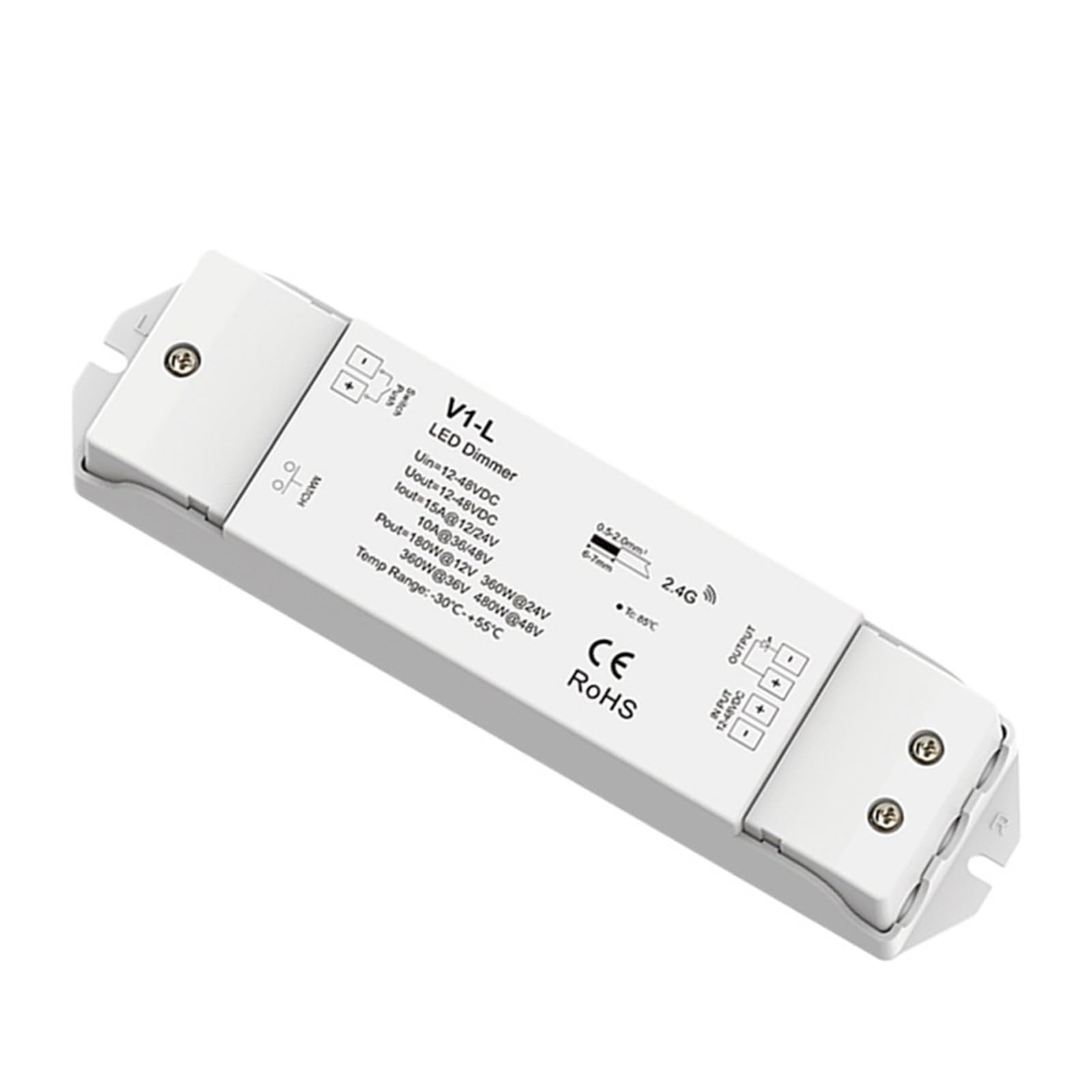Kontroler LED V1-L DC12V-48V 1-kanałowy PWM RF 2,4 GHz bezprzewodowy pilot zdalnego sterowania do pasków LED jednokolorowy ściemniacz kontroler