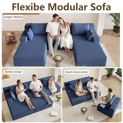 Image of 107 inch Modular Sectional Sleeper Sofa, Boneless Cloud Couch for Living Room, U Shaped 3 Seat Sofa with Deep Seat, Free Combination, Couch in a Box, No Assembly Required (Blue)