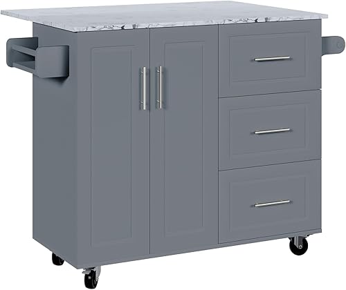 Isla de cocina con encimera de almacenamiento y hojas de caída isla de cocina sobre ruedas con 3 cajones y estante para especias y toallero mesa