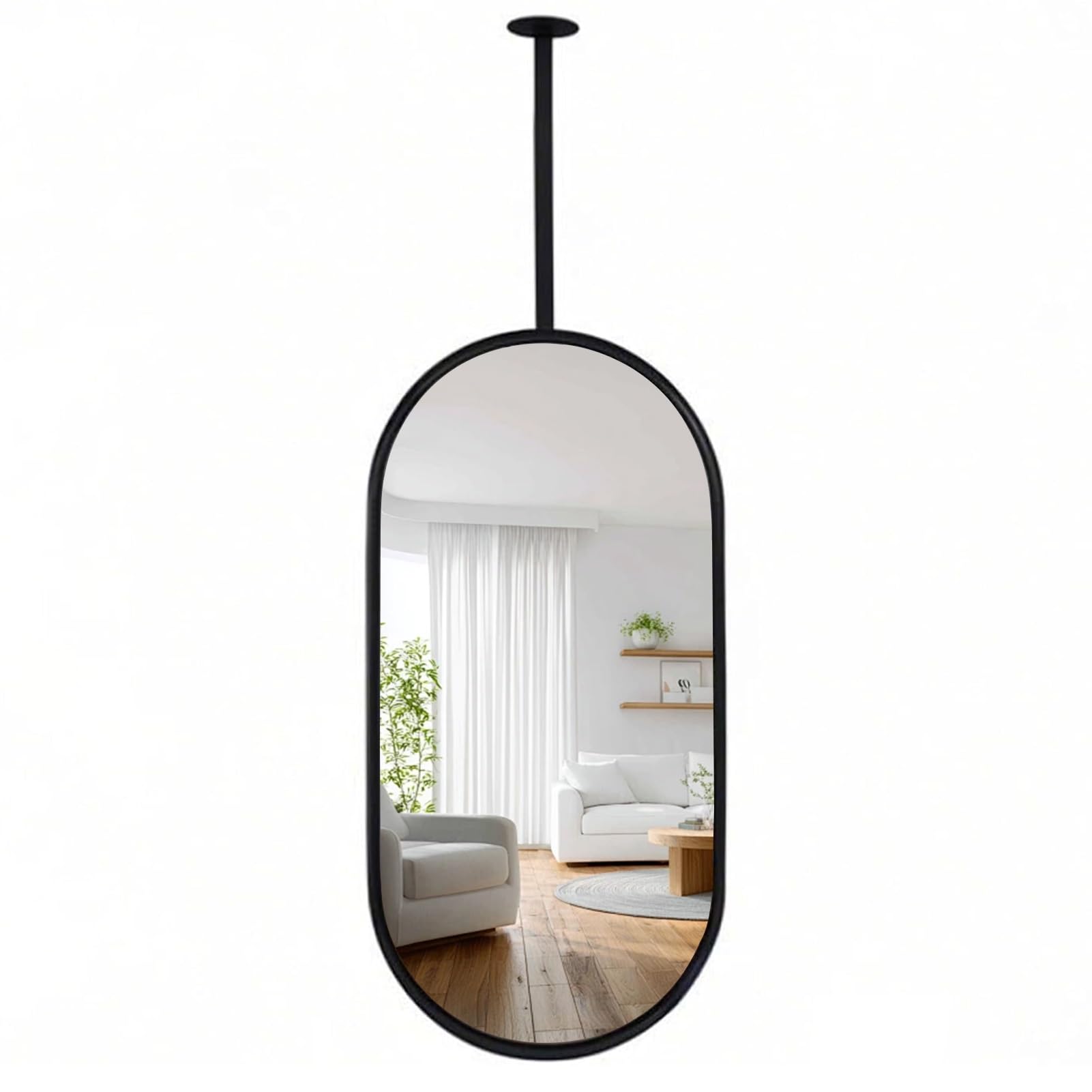 FGXHHS Oval Ceiling Hanging Suspended w/Black Metal Frame/Hanging Rod Ceil Mounted Makeup Vanity Mirrors(50cmx70cm)