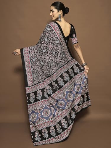 Image of AKHILAM Women's Soft Dola Silk Ajrak Printed Ready To Wear one Minute Saree With Unstitched Blouse Piece