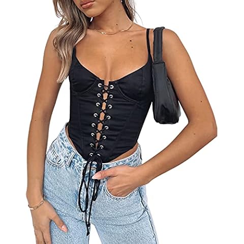 Women's Sexy Tops Vest with Bandage Design Push Up Vest Plain Tanks with Deep V-Neck Spaghetti Straps Tank Top Sleeveless Club Camisole, black, M Cover