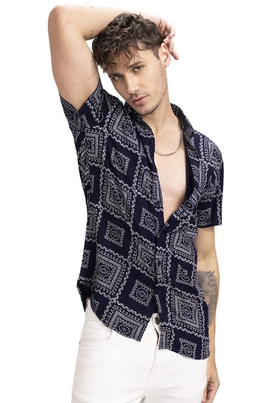 Image of SNITCH Men Casual Shirt | Slim Fit Half Sleeve Spread Collar Geometric Pattern | Premium Rayon Fabric & Lightweight Design for Streetwear & Elevated Occasions