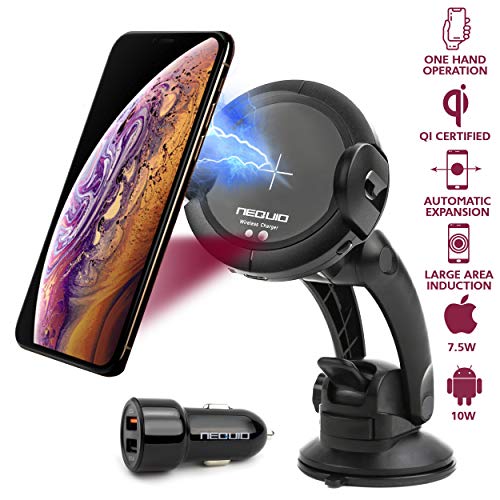NEQUIO X Fast Wireless Charger - 2 in 1 - Charging Car Mount - Premium Dashboard, Air Vent or Windshield Phone Holder with IR Sensor for iPhone XS/XS Max, X/XR, 8/8 Plus (7,5W), Samsung Galaxy S10/S10+ S9/S9+, S8/S8+, S7/S7 Edge+, S6/S6 Edge+, Note 9 (10W) & other Qi Smartphones (UPGRADED VERSION)
