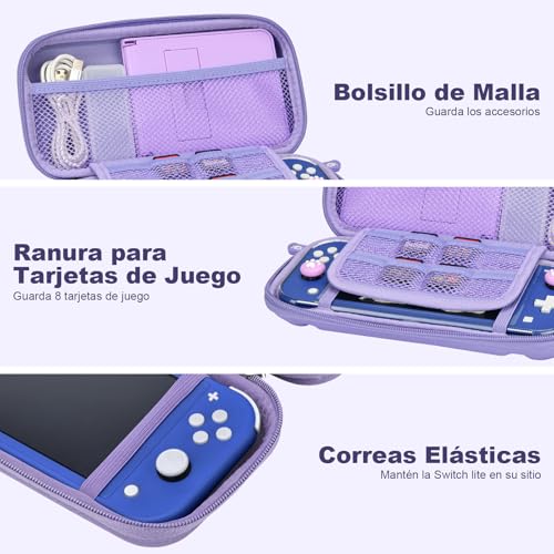Estuche para tarjetas de juego y funda Switch Lite morada con protector de pantalla 3