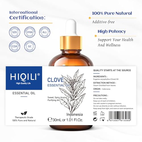 Image of HIQILI 1 Fl Oz Clove Oil for Teeth and Gums, Oral Care, DIY Clean Spray, Aromatherapy, 100% Pure Natural Premium - 30ml (Pack of 2)