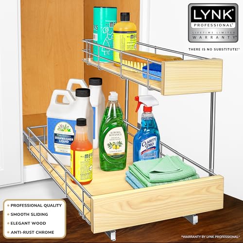 Image of LYNK PROFESSIONAL SELECT Pull Out Under Sink Kitchen Cabinet Organizer - 11.5 in. x 21 inch deep Drawer - Sliding Shelf Organizer and Undersink Storage Shelves - Lifetime Ltd. Warranty - Chrome