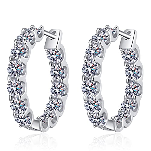 Moissanite Hoop Earrings, 2.6cttw D Color VVS1 Round Cut Hoop Earring, 925 Sterling Silver Huggie Earring for Women Wedding Earrings