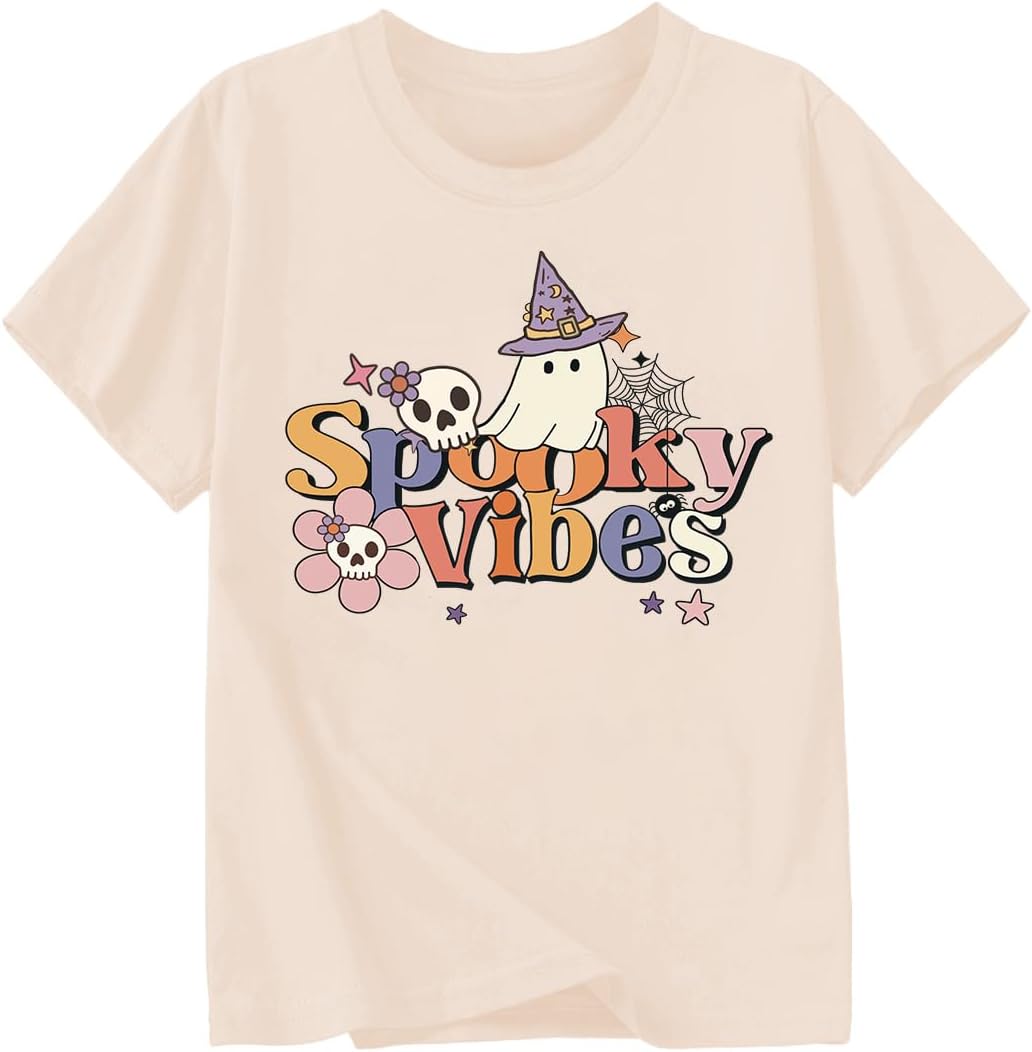 Halloween T-Shirt for Girls Retro Spooky Cotton Short Sleeve Tee for Ages 1-10