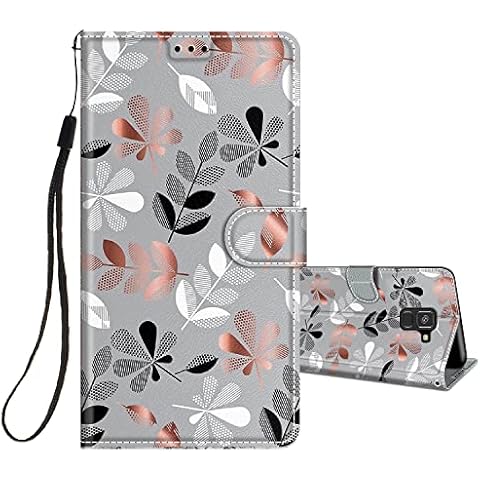 HopMore Flip Case for Samsung Galaxy A8 2018 Phone Case Protective Wallet Case for Girls Women Boys, PU Kickstand Card Slot Holder Silicone Bumper 360 Degrees Shockproof Cover - Leaves Cover