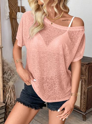 Image of Hilinker Women's Sheer Off The Shoulder Tops See Through Sexy Short Sleeve Mesh Shirt Summer