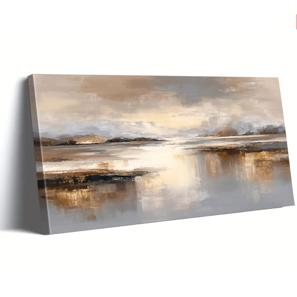 Uudezo With Frame Framed Beige Abstract Landscape Canvas Soft Golden Brown Beige Gray White Poster Print For Living Room(20X40cm(8X16in)