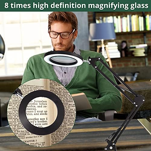 JiGiU Magnifying Desk Lamp with Clamp, 8X LED Magnifier Lamp, 8 Times Glass Lens 3 Color Modes, Adjustable Swivel Arm, 10 Brightness Dimmable Magnifying Glass for Repair Craft