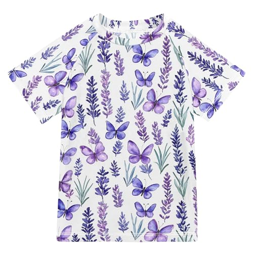 Lavender Flowers Butterflies Bathing Suit Girls Sun Protection Girls Rash Guard Swimwears Shirts for Teen Boy 5-6T