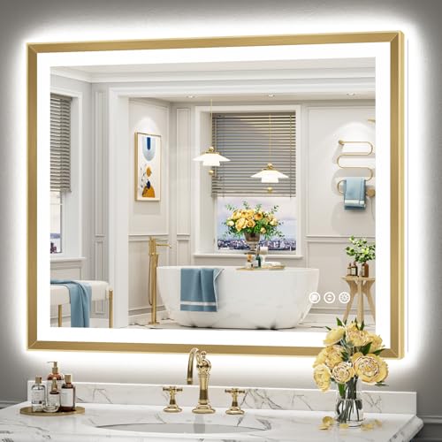 Image of 44x36 Gold Beveled LED Bathroom Mirror Backlit & Front Lit Anti-Fog | Brushed Gold Framed, Anti-Fog Lighted Vanity Mirror, Dimmable, 3-Color Light, Memory, CRI95, HD Tempered Glass, UL Listed
