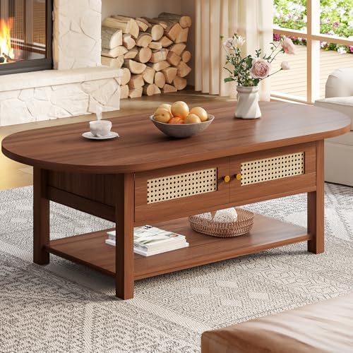 LVB Rattan Coffee Table, Boho Wood Living Room Table with Storage...