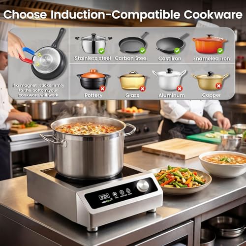 Image of 3500W Commercial Induction Cooktop, Hardwired 208V 3-Phase | 9.25-In Pure Copper Coil, Smooth Low-Power Heating for Restaurants, Catering & Commercial Foodservice